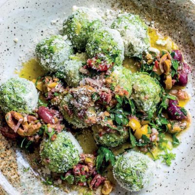 No-cook broccoli-and-cashew gnudi with olive salsa