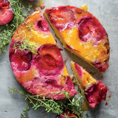 Upside-down sticky plum cake