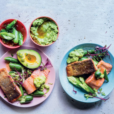 Crispy brown butter trout with smashed cucumber salad