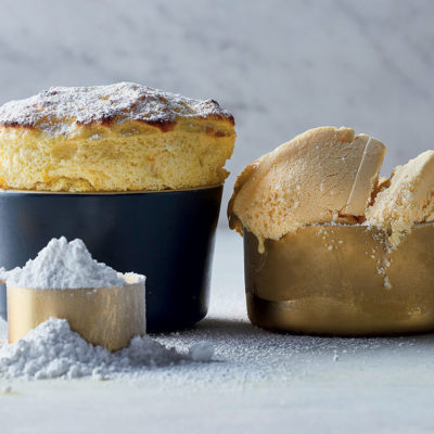 Lemon soufflé with lemon curd ice cream