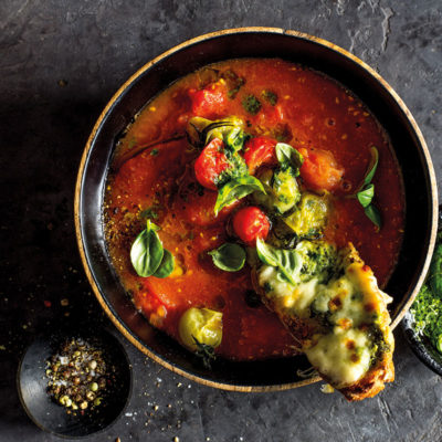 Roast tomato soup with caprese toast