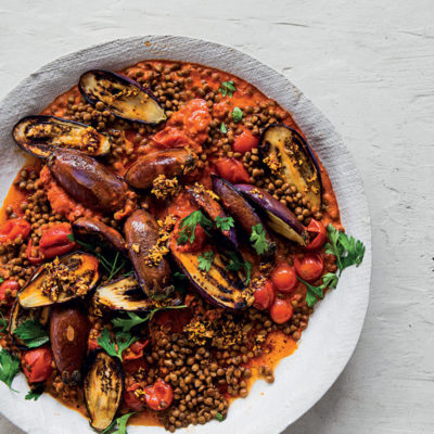 Creamy tomato and harissa lentils with brinjals