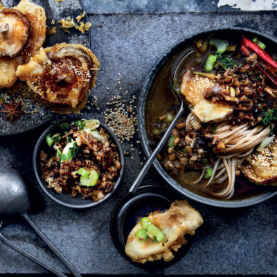 Crispy sesame tempura mushrooms and Asian-style mushroom larb broth