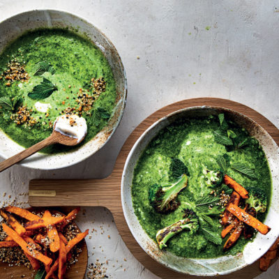 Lemony green soup with yoghurt, sweet potato fries and dukkah