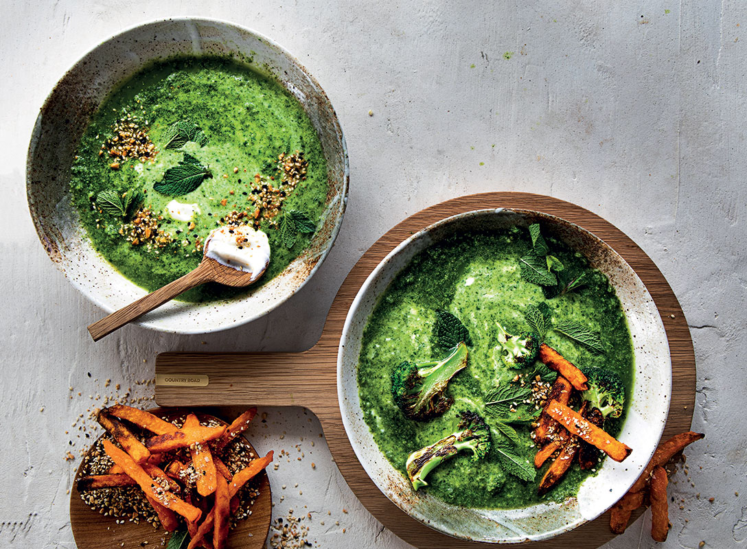 lemony green soup with yoghurt sweet potato fries and dukkah