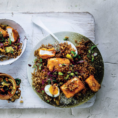 Nasi goreng-inspired rice with crispy sriracha tofu