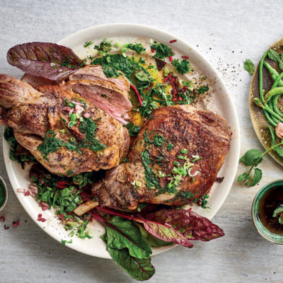 Roast lamb with green sauce