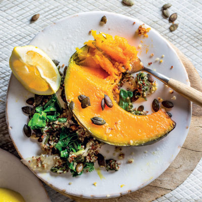 Roast pumpkin wedges with swiss chard and quinoa pilau