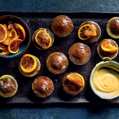 Orange-infused mini malva puddings