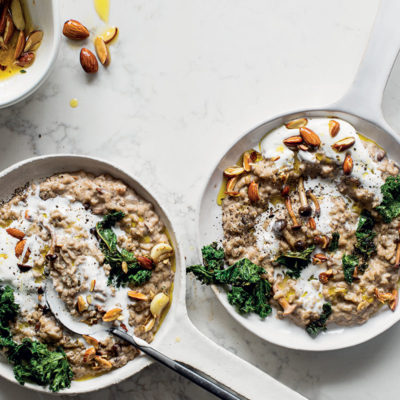 Cheat's creamy mushroom risotto with lemony kale