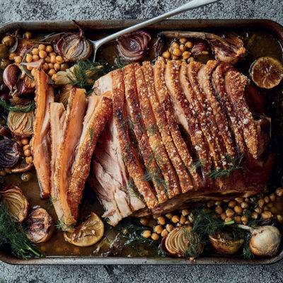 Greek-style braised pork shoulder with fennel-and-baby marrow salad