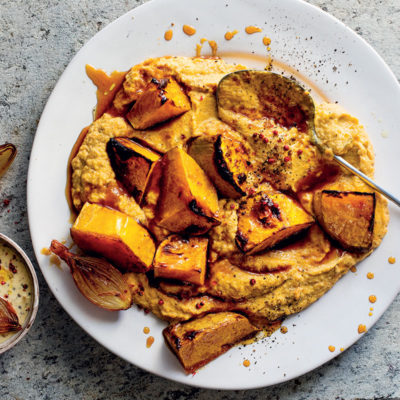 Milk-poached carrot-and-turnip mash with vino cotto-roasted butternut