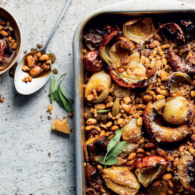 Parmesan-baked onions with beans and rustic ciabatta croutons