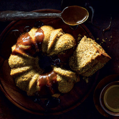 Spiced coffee chai bundt cake with coffee-toffee sauce