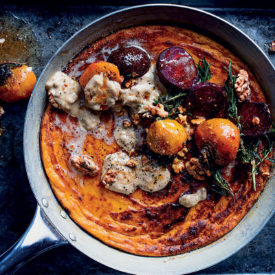 Sweet potato soufflé pie with beetroot and walnut sauce