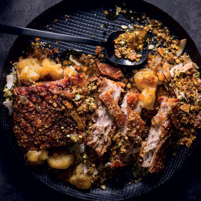 LemonGold-glazed pork belly with pistachio granola