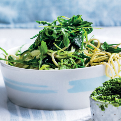 Greens and pasta with pecorino, olive and baby spinach pesto