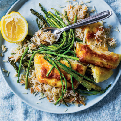 Roast asparagus and halloumi on Turkish rice pilau