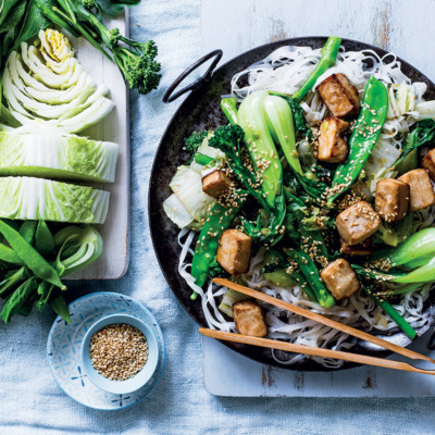 Stir-fried greens with baked tofu