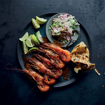 Tandoori prawn skewers with radish-and-cucumber salsa