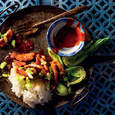 Asian-style sticky pork with Jasmine rice