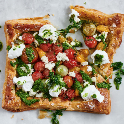 Exotic tomato and ricotta open puff tart