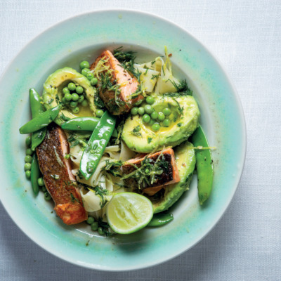 Pappardelle with salmon and lemony pea-and-dill dressing