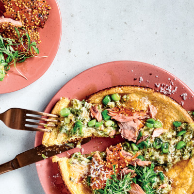 Souffle omelette with hot-smoked deli fish, avocado and creamy parmesan leeks