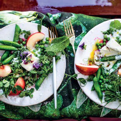 Summer white peach salad with smoky buttermilk dressing