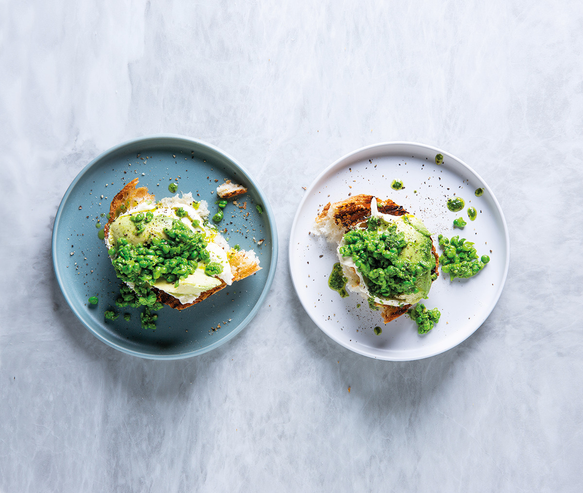 ciabatta toast with peas and avo