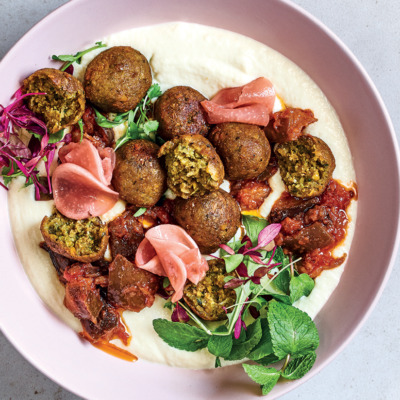 Falafel with cauli mash, pickle and caponata