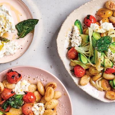 Gnocchi with baby marrow, Balsamic-caramelised cherry tomatoes and buffalo mozzarella