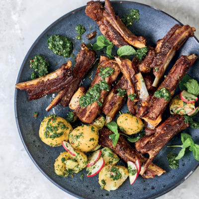 Lamb ribbetjies with chimichurri baby potatoes and crunchy radishes