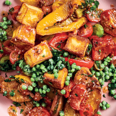 New panzanella with halloumi, exotic tomatoes, crushed peas and chunky garlic ciabatta