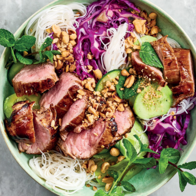 Peanut-and-mint rice noodles with sticky pork fillet