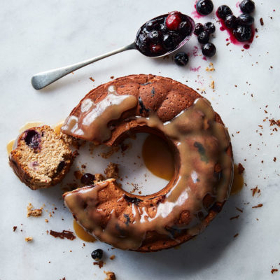 Reduced sugar blueberry bundt cake with butterscotch glaze