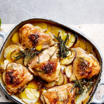 Lemony garlic chicken-and-potato bake