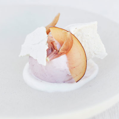 Plum ice cream with wild sage meringue