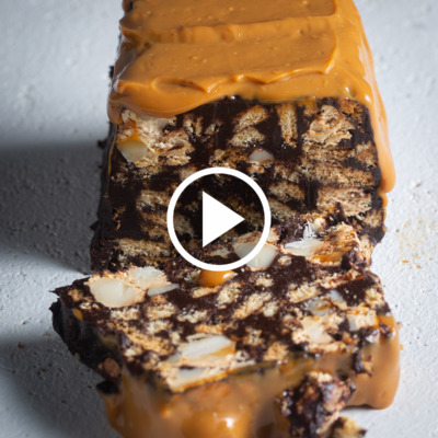 Watch: Chocolate fridge cake with peanut-butter caramel