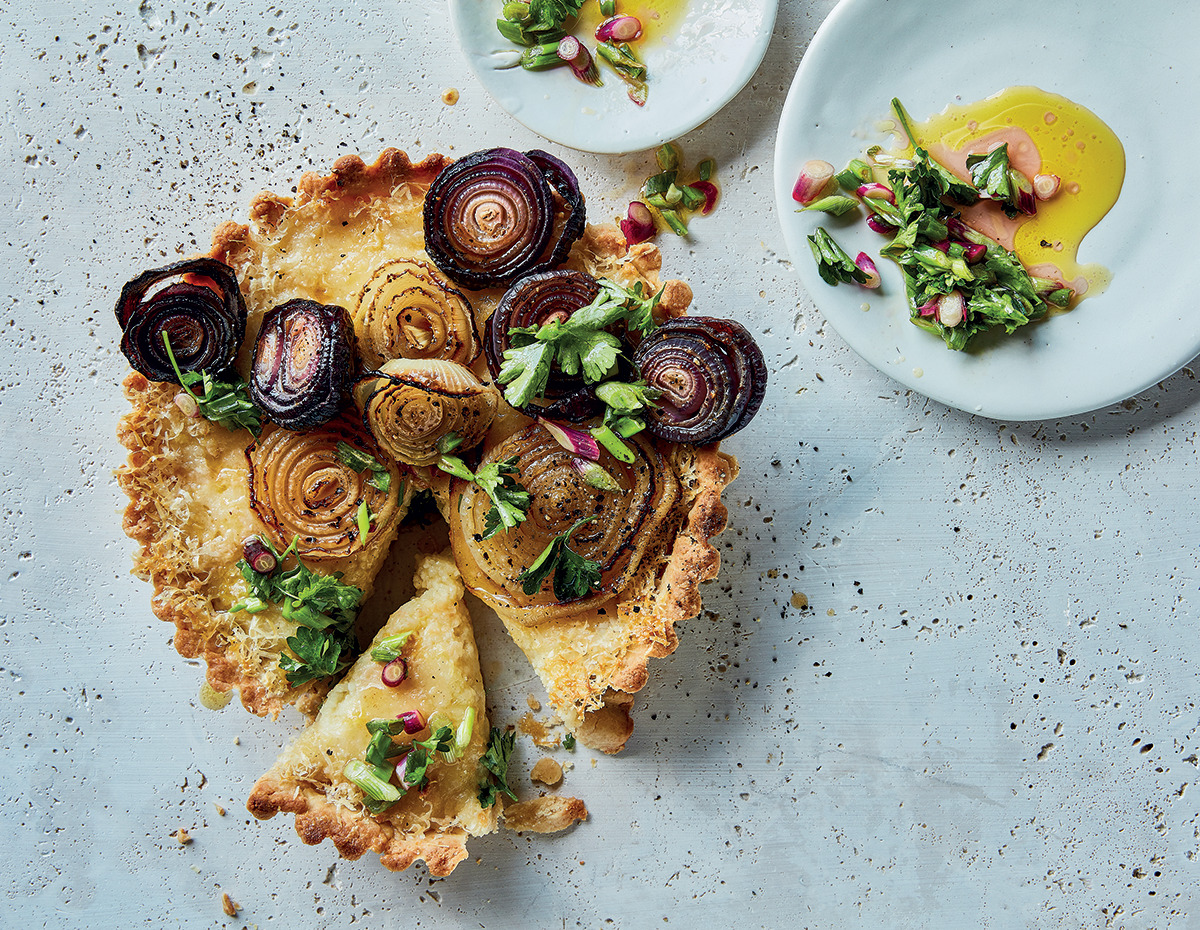 roast onion-and-triple-cheese tart