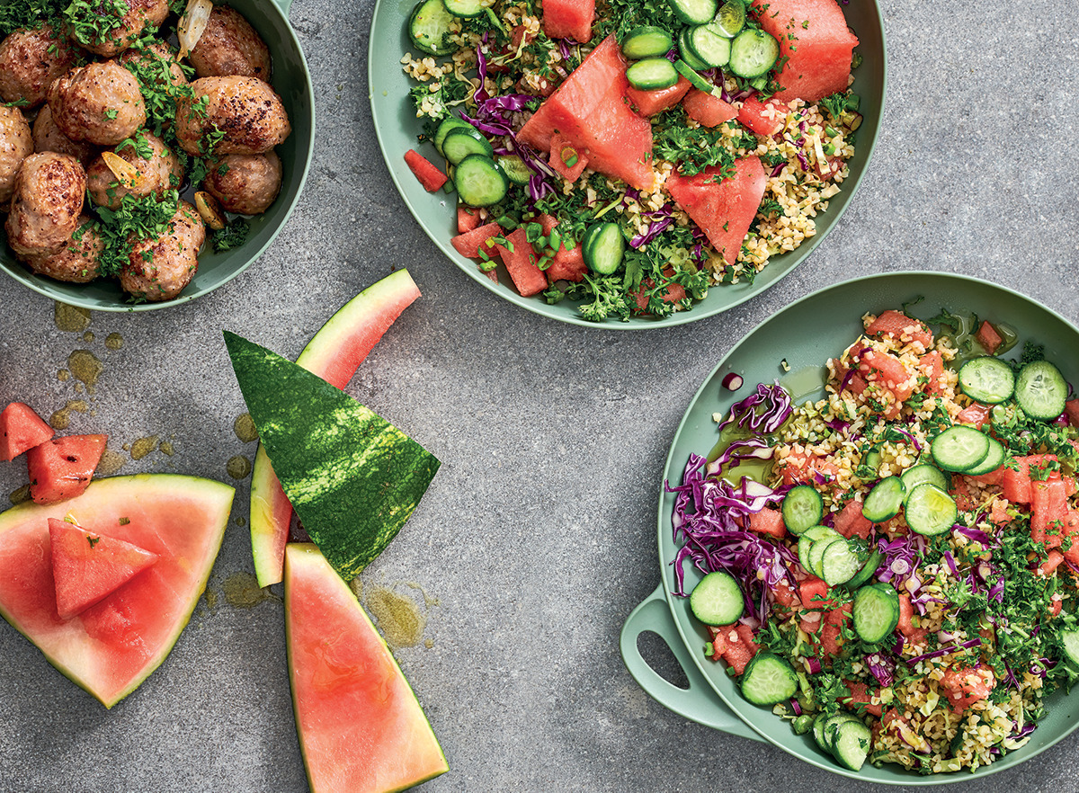 watermelon red cabbage and herb tabbouleh with pork meatballs