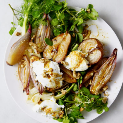 Caramelised pear and shallot salad