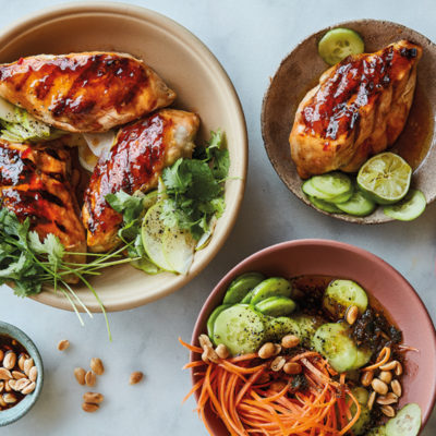 Grilled sweet chilli chicken with apple, cucumber and peanut salad