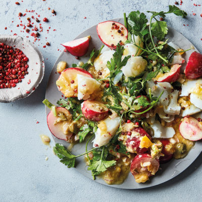 Salted hake, radish and caper mayo salad