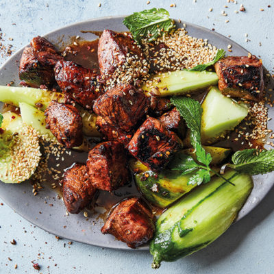 Szechuan wok beef with salted lime cucumber