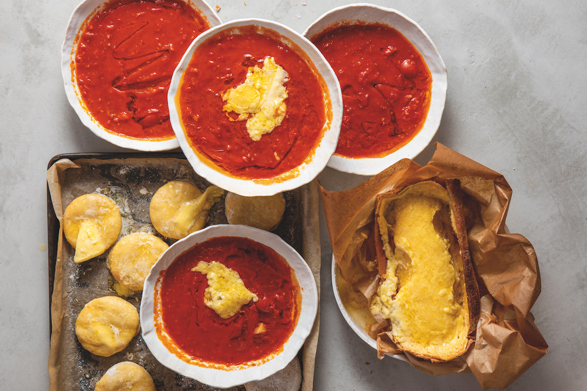 potato bread tomato soup and roasted raclette