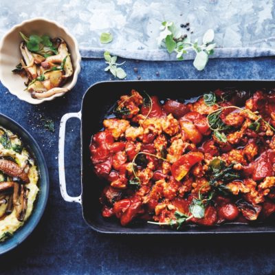 Oven-roasted chicken bolognese with big-batch polenta