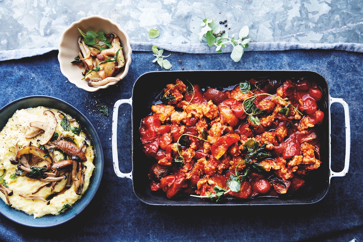 oven roasted chicken bolognese with big batch polenta