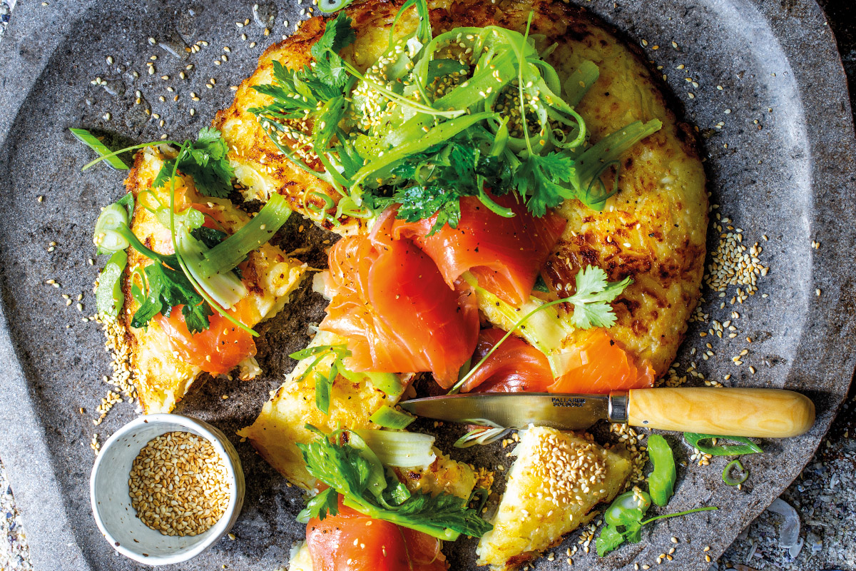 Oak-smoked Norwegian salmon with home-made rosti and celery salad