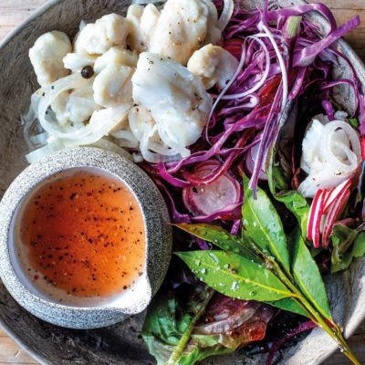 Pickled fish with red cabbage-and-beetroot slaw